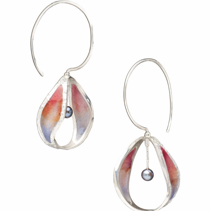 Continuant earrings in sterling silver with dyed resin and freshwater pearls in ombre purple.
