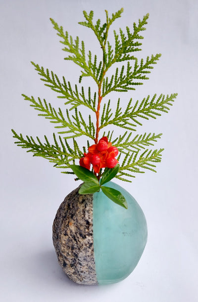 Stone and Glass Vase   Fused rock and recycled plate glass.  3.25 w x 3.5 h x 2.75 d inches