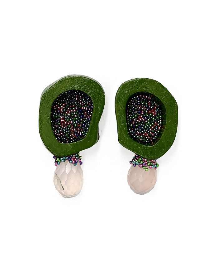 Green earrings made form bovine bone and quarts