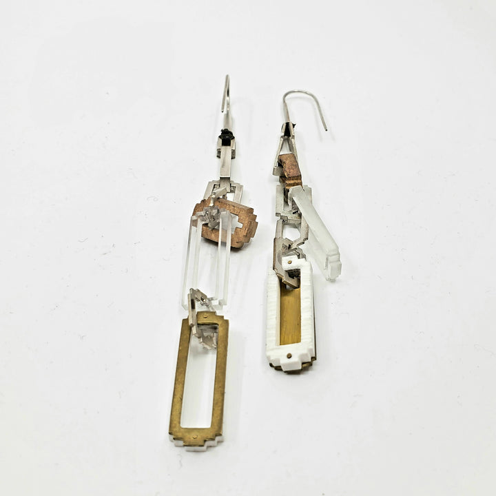 Anna Lindsay Macdonald Digi-Cam chain earrings inspired by army camouflage in sterling silver, brass and acrylic. 