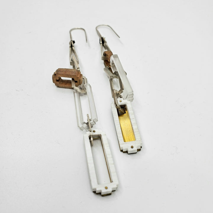 Anna Lindsay Macdonald Digi-Cam chain earrings inspired by army camouflage in sterling silver, brass and acrylic.  