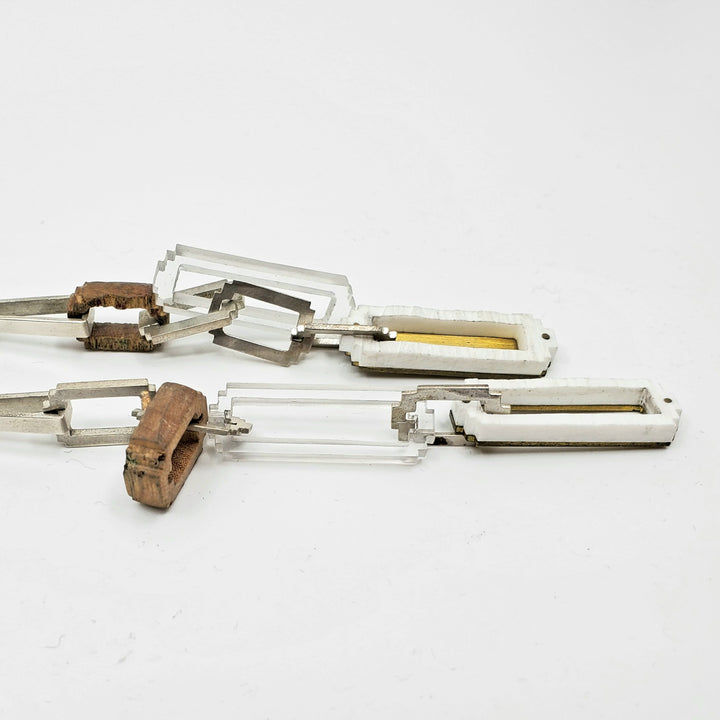 Anna Lindsay Macdonald Digi-Cam chain earrings inspired by army camouflage in sterling silver, brass and acrylic. 