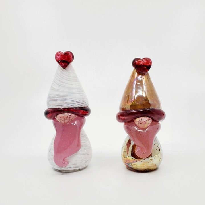 Gnome.  Sweetest heart-tipped characters in delightful colours. These palm-sized hot-worked glass sculptures at 12 x 5 cm.   $60 each.