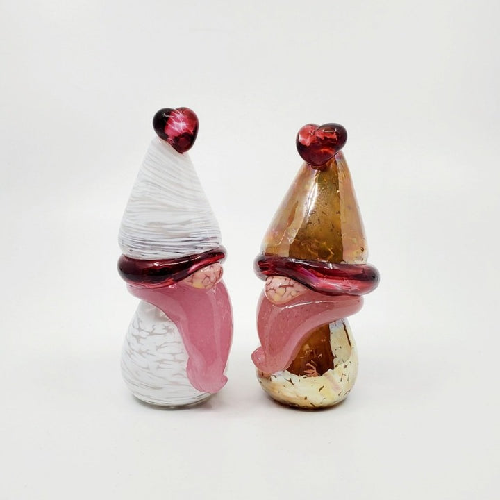 Gnome.  Sweetest heart-tipped characters in delightful colours. These palm-sized hot-worked glass sculptures at 12 x 5 cm.   $60 each.