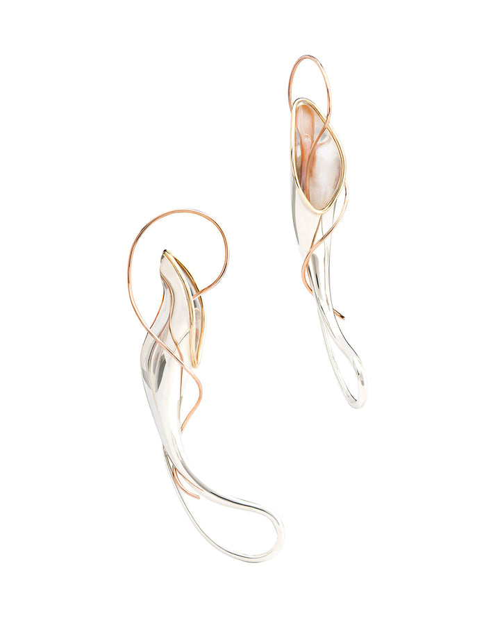 Argentii one-of-a-kind earrings with sterling silver, 14k rose gold, 14k yellow gold, and dyed resin.