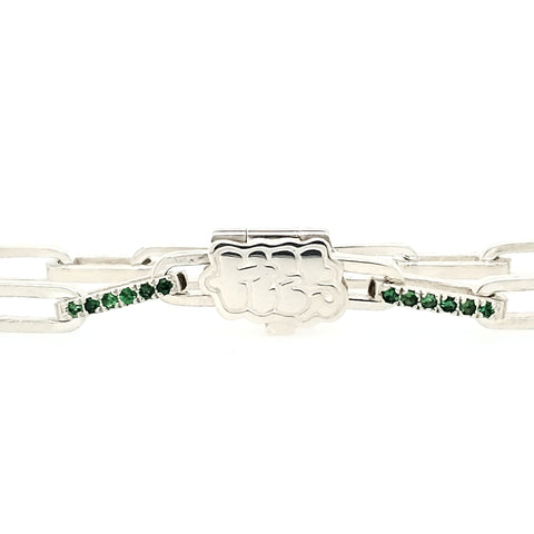 HES Bubble, 2022 - Graffiti-style bracelet in sterling silver with anodized niobium and tsarvorite garnets. The clasp is hand caved. 
