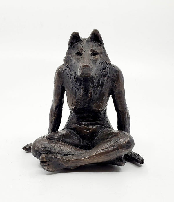 Anna Williams She Wolves series. She Wolf sitting cross-legged. Individual cast bronze sculpture. Approx. 7" x 4" x 3".