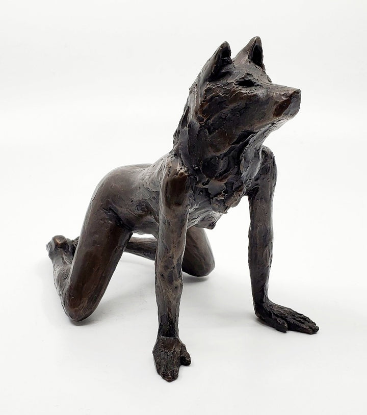 Anna Williams She Wolves series. She Wolf on all fours with feet together. Individual cast bronze sculpture. Approx. 7" x 4" x 3".