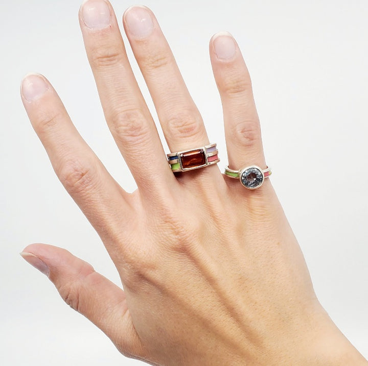Meris Mosher Large yellow sapphire ring with with green and pink stripes on the sterling band, size 7.75.