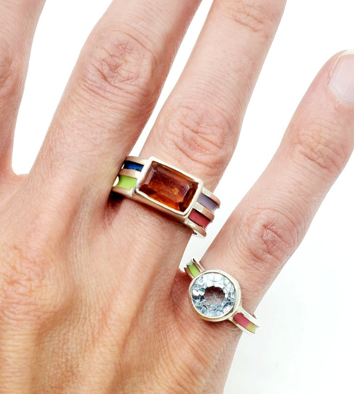 Meris Mosher Large yellow sapphire ring with with green and pink stripes on the sterling band, size 7.75.