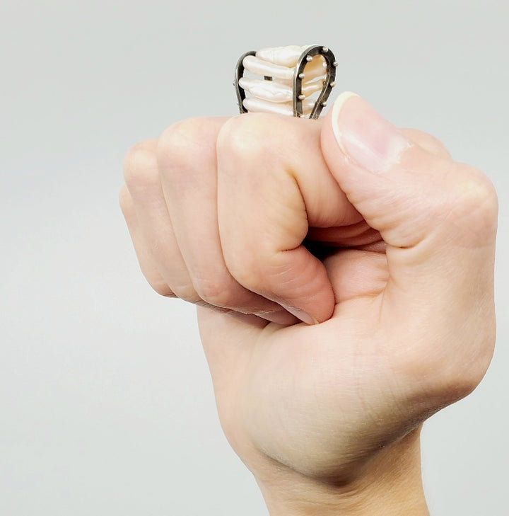 Lydia Buxton Pearl Cage Ring in oxidized sterling silver with freshwater pearls. Size 7 3/4.