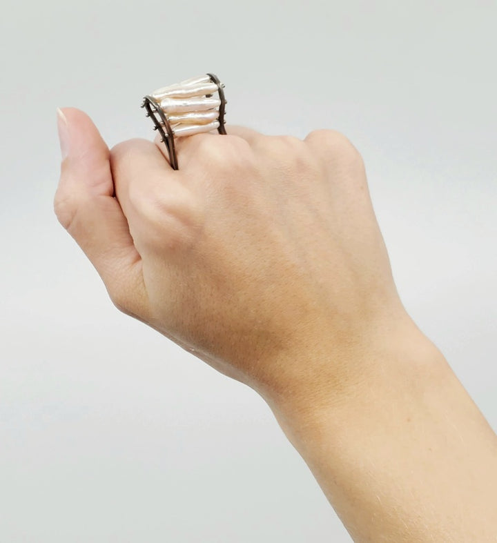 Lydia Buxton Pearl Cage Ring in oxidized sterling silver with freshwater pearls. Size 7 3/4.