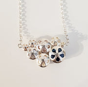 Annie Tung Blush pendant, horizontal placement of freshwater button pearls in sterling silver, with a fine chain. The backing of each pearl is itself beautiful, the shape reminiscent of a flower or sanddollar. View from back.
