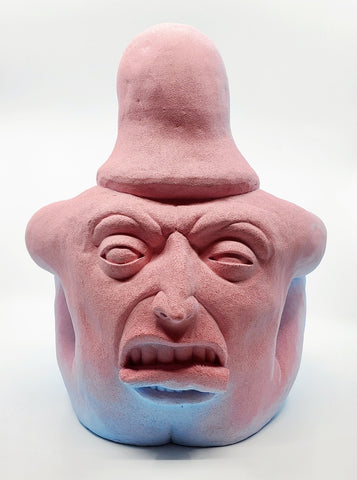 Holding Back II - large ceramic two-sided sculpture of a figure biting a finger, with blue and pink gouache paint.