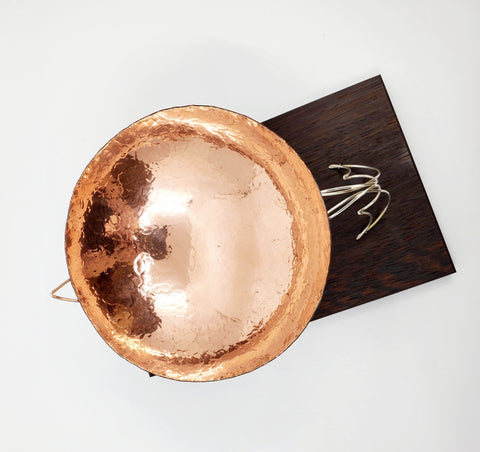 Continuity - "The unbroken and consistent existence." A copper vessel rests atop a sterling silver stand on a wenge wood base.