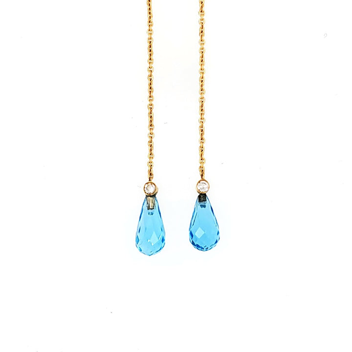 18k yellow gold earrings with blue topaz and single cut diamond pendants. 