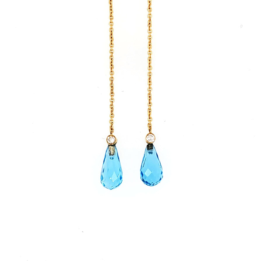 18k yellow gold earrings with blue topaz and single cut diamond pendants. 