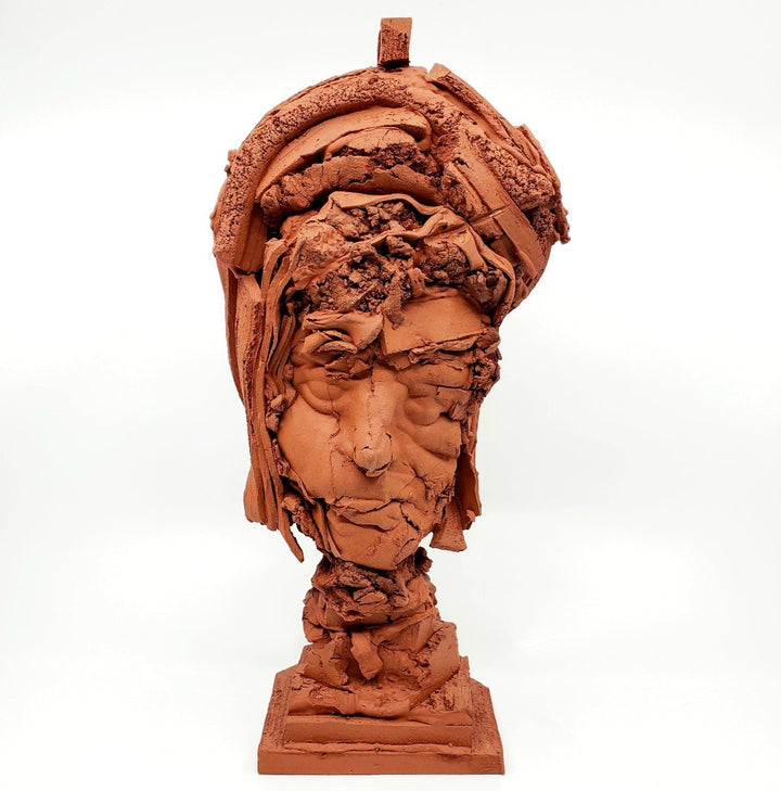 Terra Cotta Small Heads series - 1. Ceramic sculpture of multiple layers of red clay. This bust measures 18 x 14 x 35 cm.