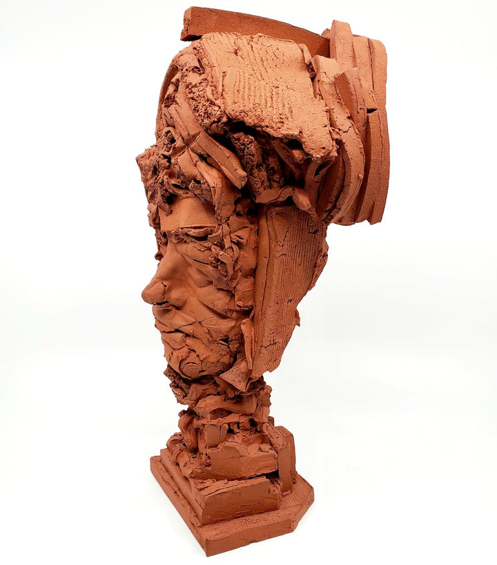 Terra Cotta Small Heads series - 1. Ceramic sculpture of multiple layers of red clay. This bust measures 18 x 14 x 35 cm.