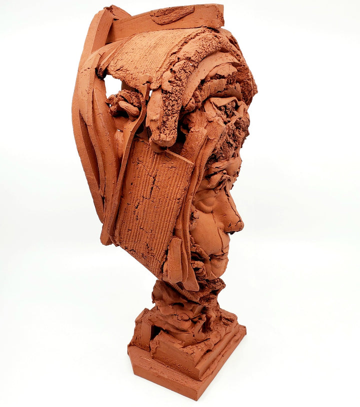 Terra Cotta Small Heads series - 1. Ceramic sculpture of multiple layers of red clay. This bust measures 18 x 14 x 35 cm.