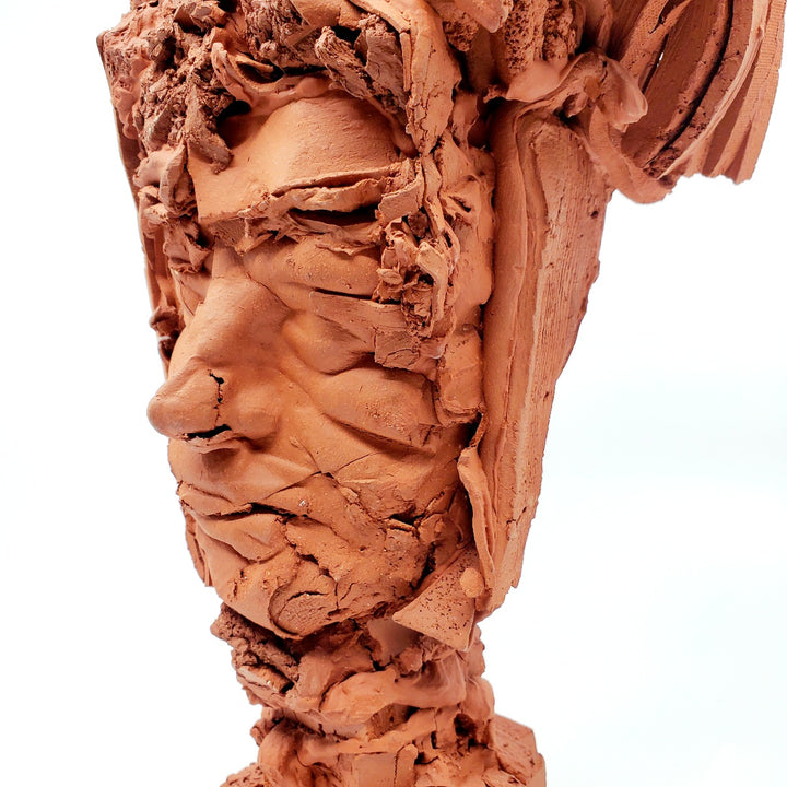 Terra Cotta Small Heads series - 1. Ceramic sculpture of multiple layers of red clay. This bust measures 18 x 14 x 35 cm.