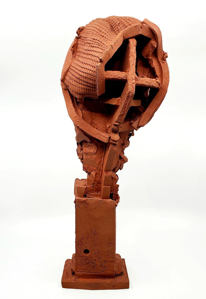 Terra Cotta Small Heads series - 3. Ceramic bust sculpture created by building up layers and layers of red clay. This bust measures 21 x 17 x 49 cm.