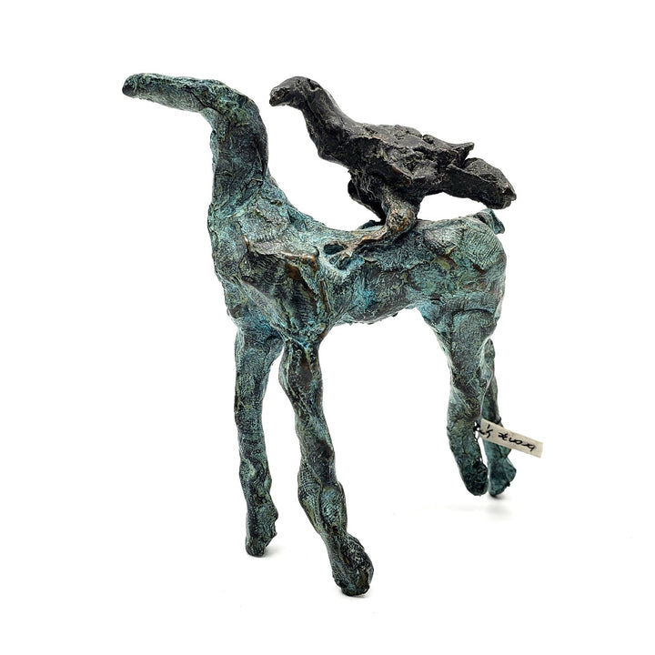 Rider/Crow & Horse, 2012. Unique cast bronze sculpture (1/1 edition) of a horse and crow. The horse has been finished with a green patina, beautifully contrasting the dark tones of its rider, the crow.