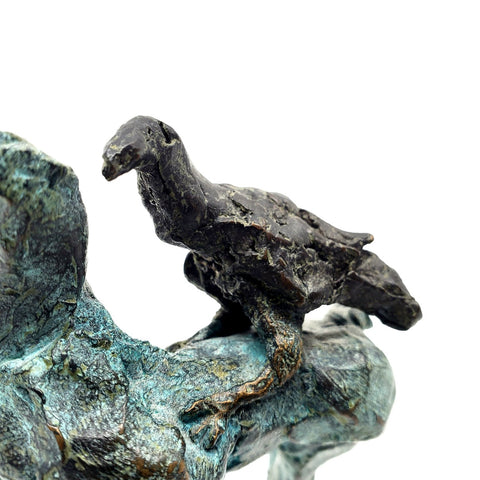 Rider/Crow & Horse, 2012. Unique cast bronze sculpture (1/1 edition) of a horse and crow. The horse has been finished with a green patina, beautifully contrasting the dark tones of its rider, the crow.