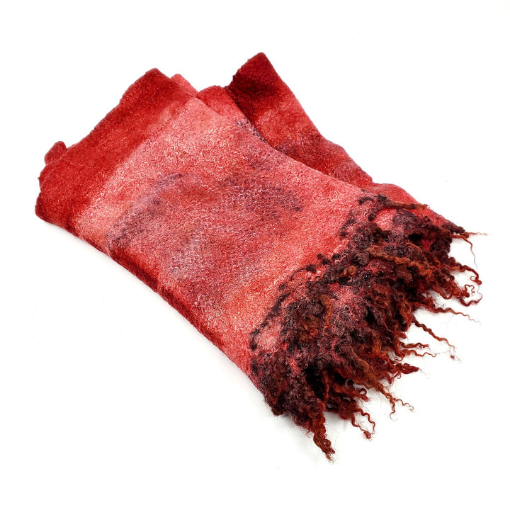 Cranberry scarf with a locally-farmed wool fringe, created with hand-dyed silk and merino wool with recycled materials. 
