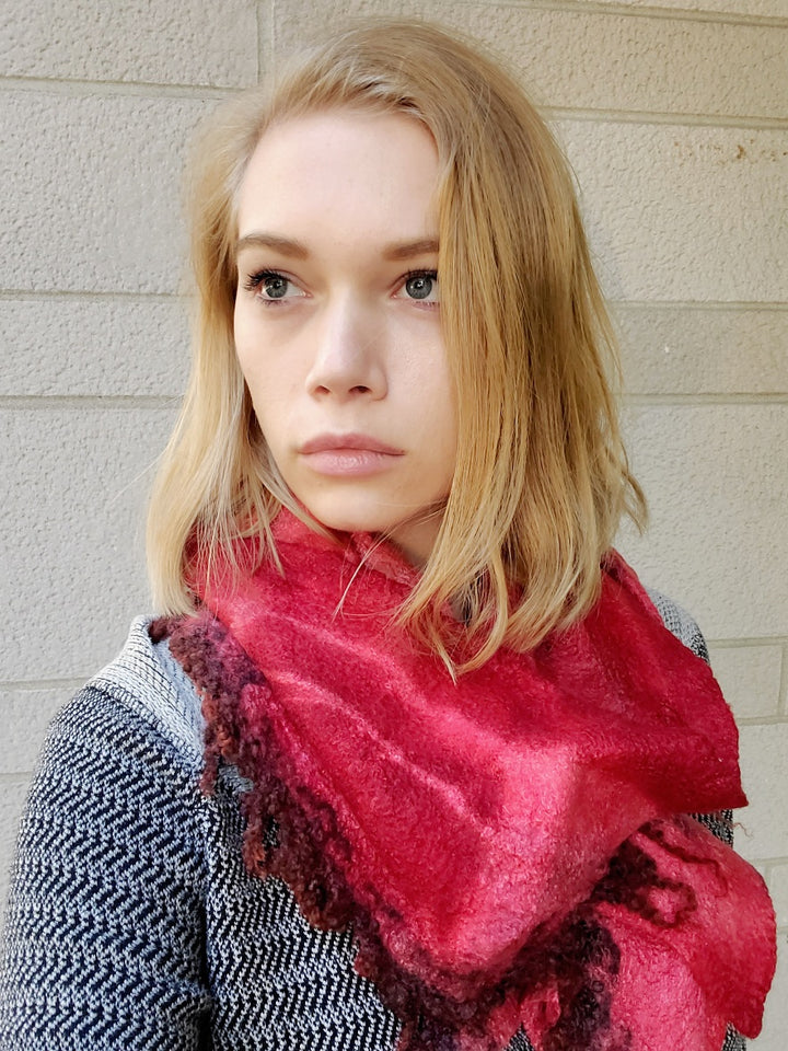 Cranberry scarf with a locally-farmed wool fringe, created with hand-dyed silk and merino wool with recycled materials. 