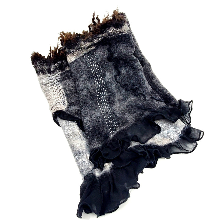 Black infinity scarf, created with hand-dyed silk and merino wool with recycled materials. 