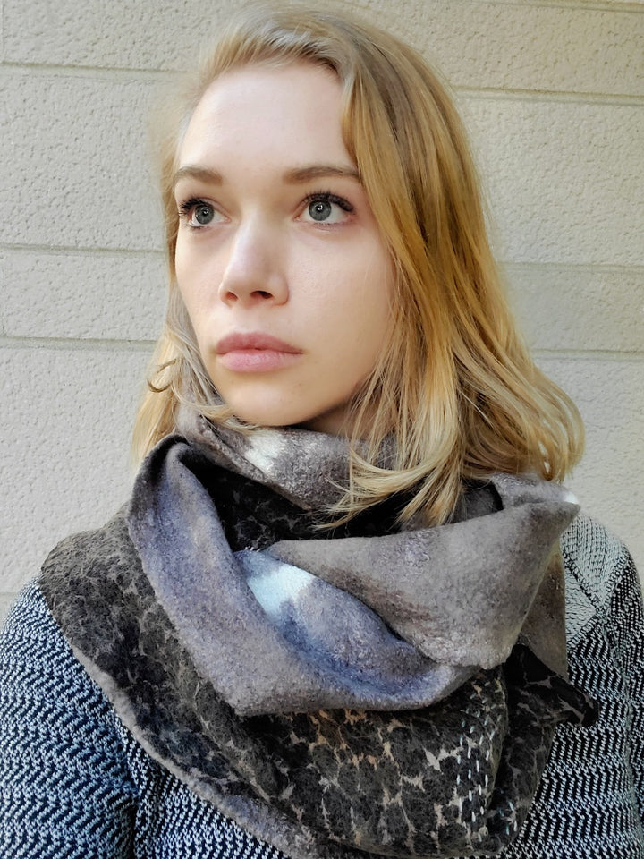 Dark grey infinity scarf, created with hand-dyed silk and merino wool with recycled materials. 