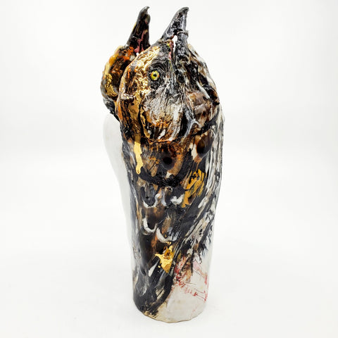 Vase - Brown Thrashers : multi-fired porcelain vase with two bird heads reaching skyward, flecked with gold lustre.