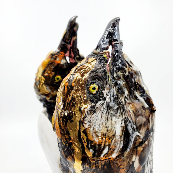 Vase - Brown Thrashers : multi-fired porcelain vase with two bird heads reaching skyward, flecked with gold lustre.