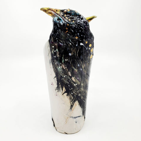Vase - Starlings : multi-fired porcelain vase with two bird heads reaching skyward, flecked with gold lustre.