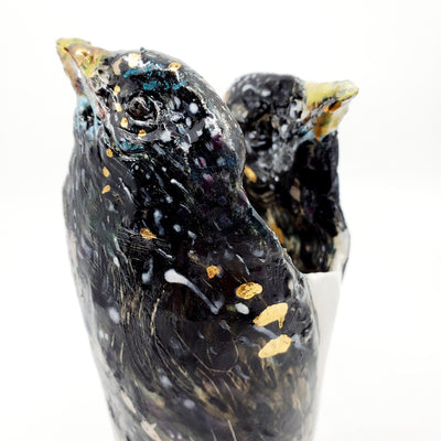 Vase - Starlings : multi-fired porcelain vase with two bird heads reaching skyward, flecked with gold lustre.
