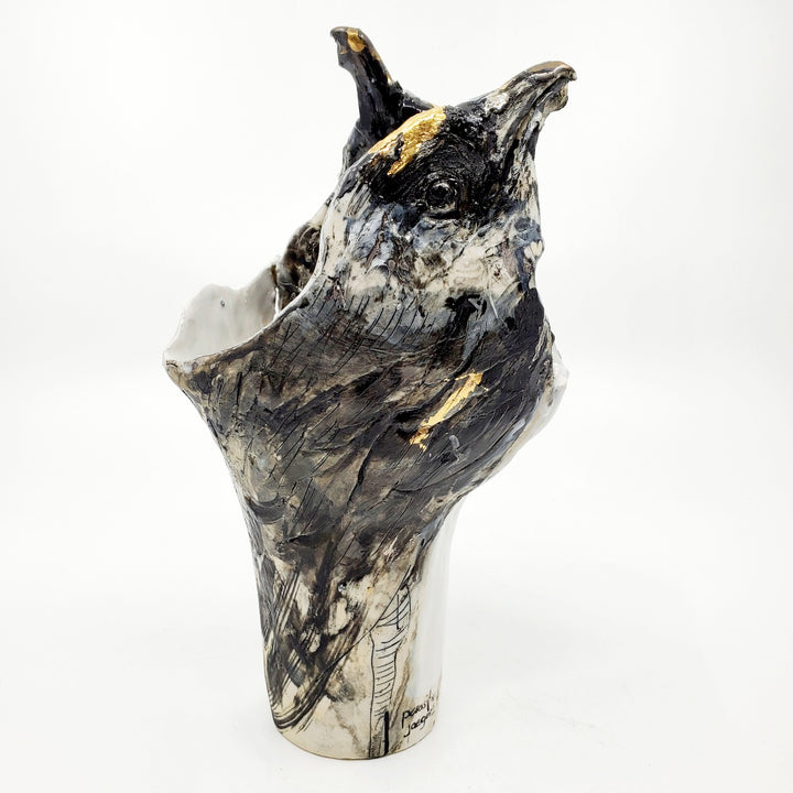 Vase - Parasitic Jaegers : multi-fired porcelain vase with two bird heads reaching skyward, flecked with gold lustre.