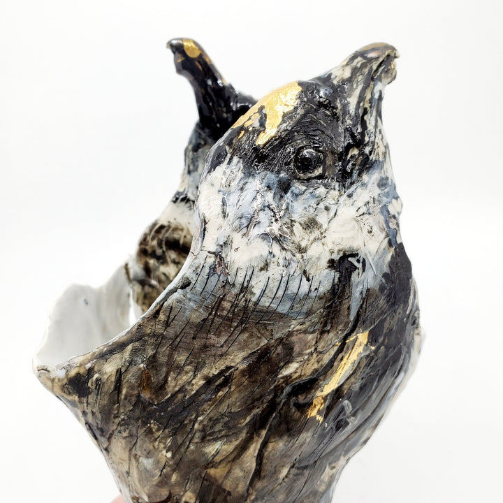 Vase - Parasitic Jaegers : multi-fired porcelain vase with two bird heads reaching skyward, flecked with gold lustre.