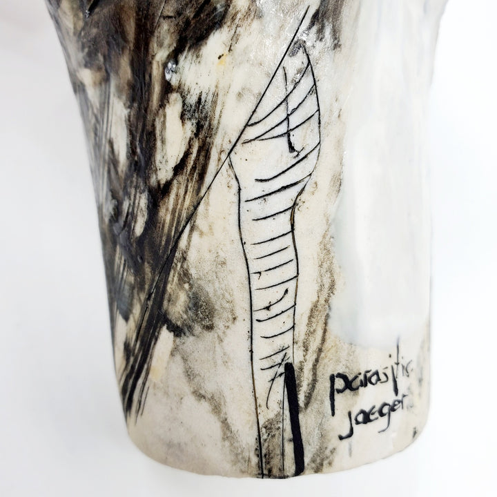 Vase - Parasitic Jaegers : multi-fired porcelain vase with two bird heads reaching skyward, flecked with gold lustre.