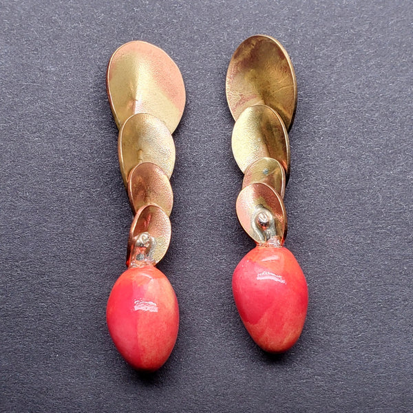 Cherry & Coffee, brass and porcelain drop earrings with sterling silver posts.