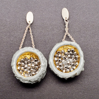 Cynorrhodon, earrings in silver, porcelain and hematite. Grey and silver/gold.