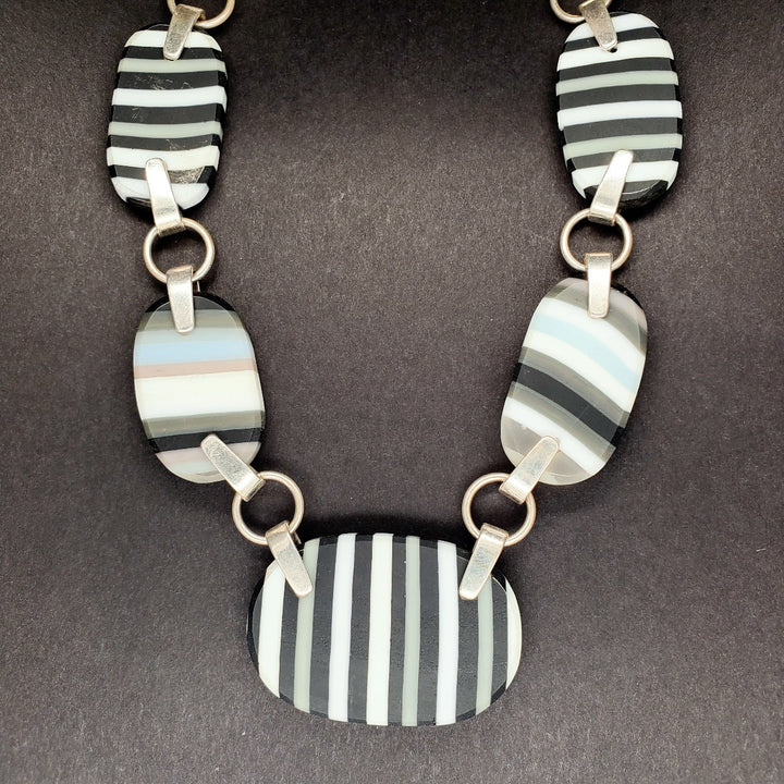 Black and White striped glass necklace on a 20" sterling silver chain