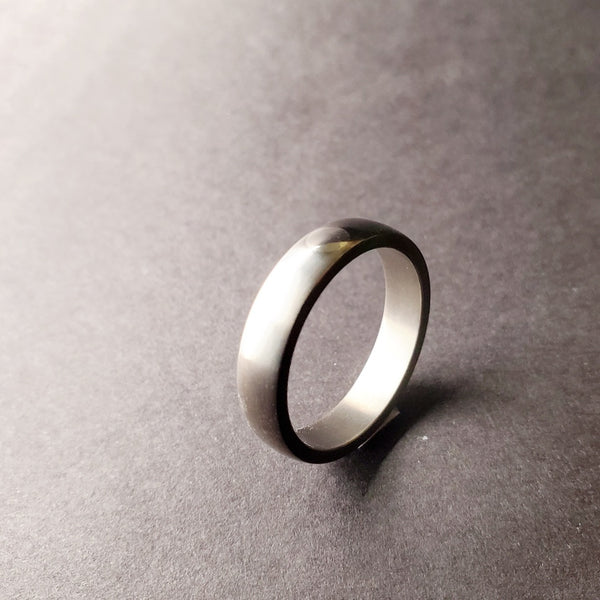 Silver Dot (fine silver) set into a comfort fit titanium band that is 5 mm wide and fits a size 11.
