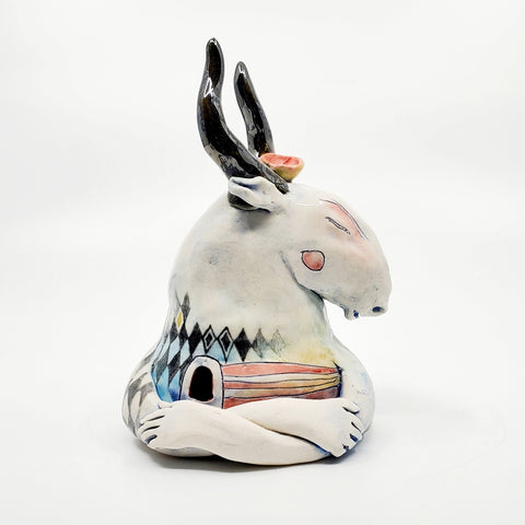 Minotaur - ceramic sculpture of cone 6 stoneware finished with glazes and underglazes. 15cm high.