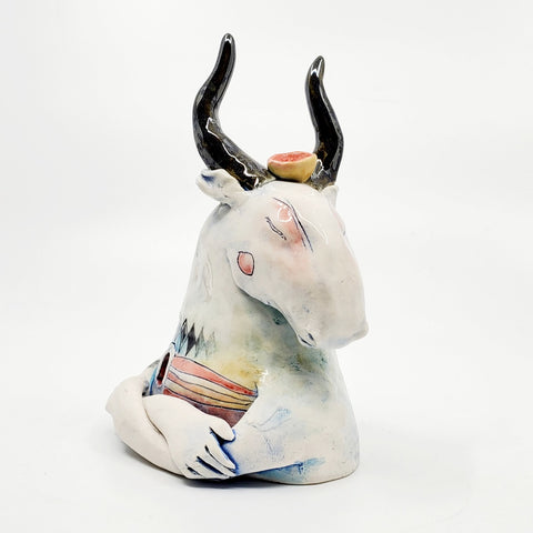 Minotaur - ceramic sculpture of cone 6 stoneware finished with glazes and underglazes. 15cm high.