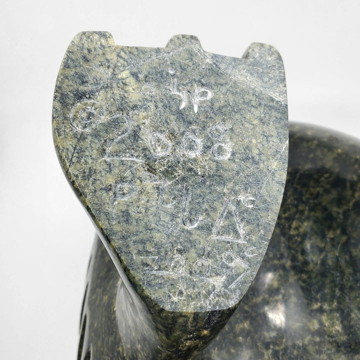 Goose, a large expressive serpentine carving by Toonoo Sharky.  - Signature in Inuktut