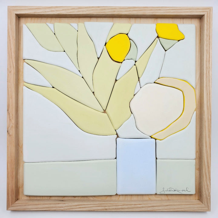 In Between Every Word - Hand molded clay coloured pieces within a solid wood frame, depicting a still life of greenery and yellow flowers.  Measures 38 x 38 x 2.5 cm