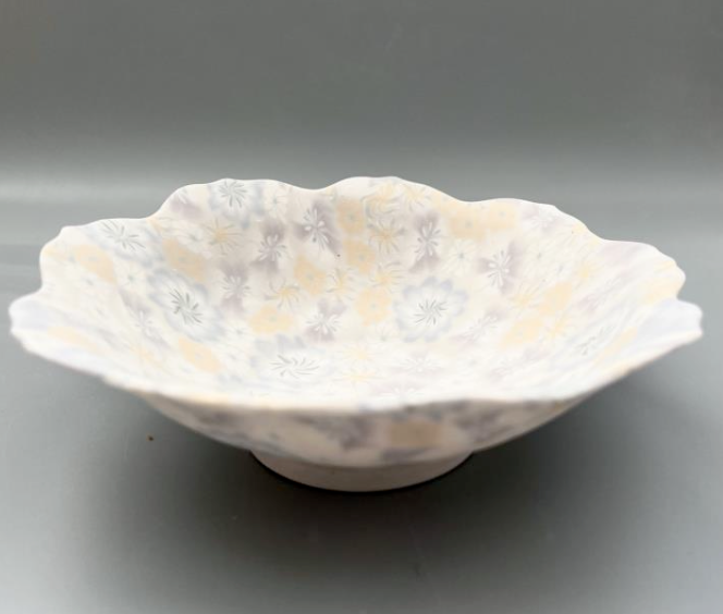 Small multicolour ceramic floral bowl, made with the nerikomi ceramic technique. 