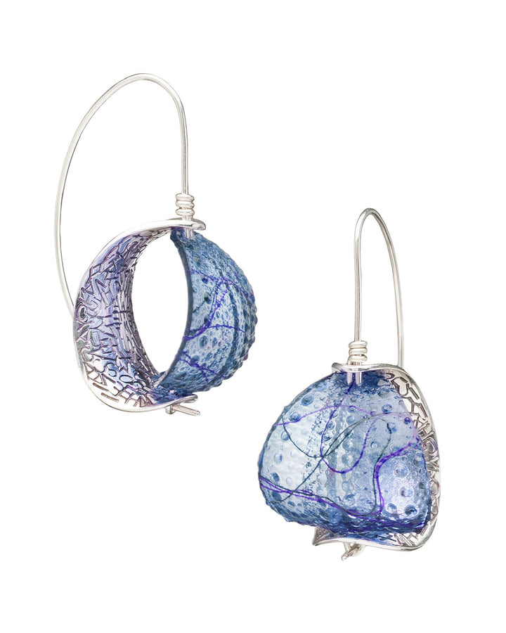 Mary Lynn Podiluk Retroflex ﻿earrings in various colours of hand-dyed resin with sterling silver.  This piece is part of the Resonance collection