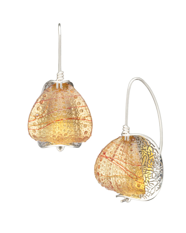 Mary Lynn Podiluk Retroflex ﻿earrings in various colours of hand-dyed resin with sterling silver.  This piece is part of the Resonance collection